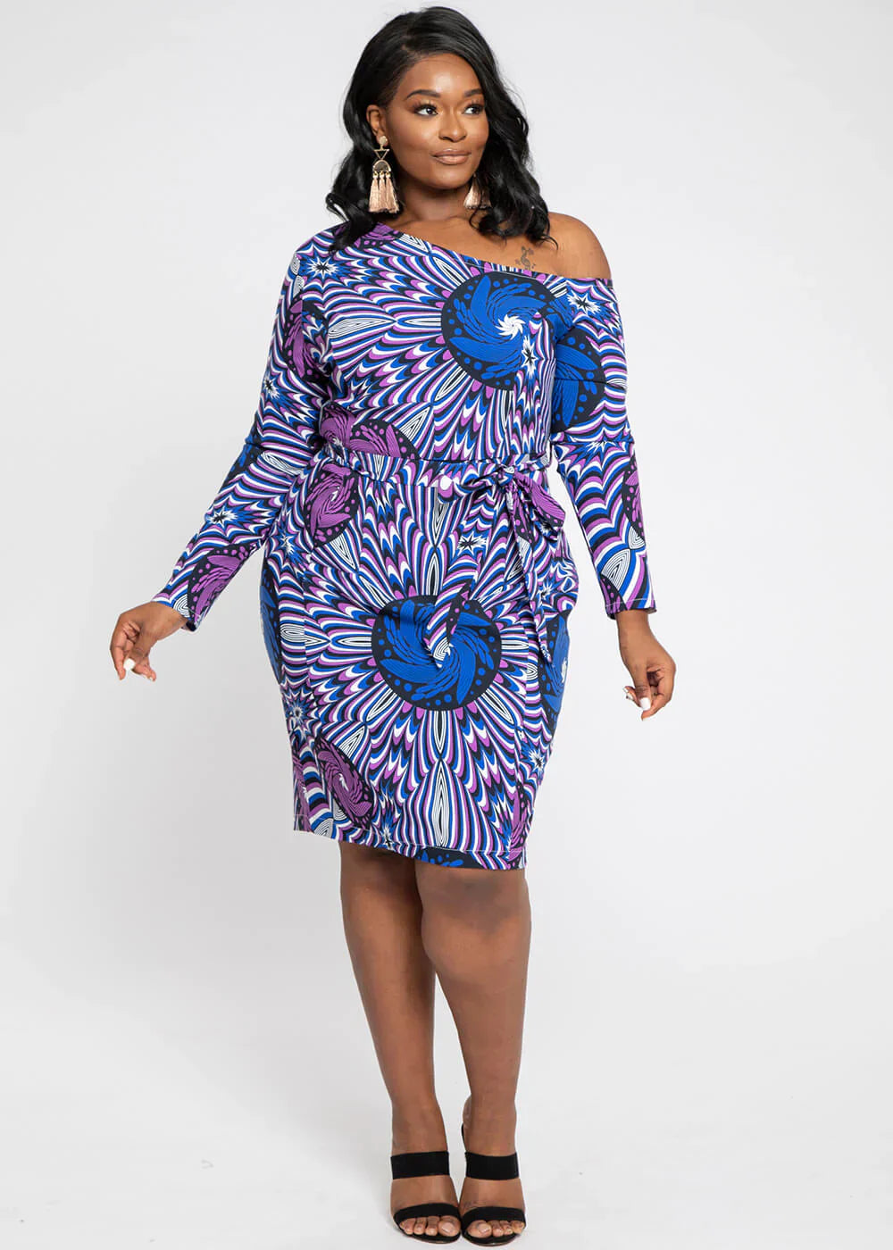 Furaha Women’s African Print Stretch Off-Shoulder Midi Dress (Purple Blue Flowers) – Clearance