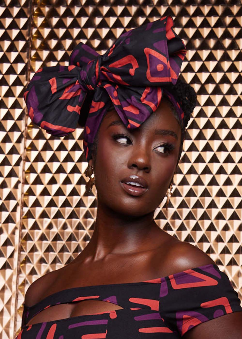 African Print Cotton Head Wrap (Black Peach Tribal) – 70 x 20 Inches