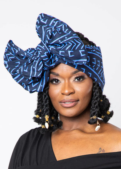 African Print Cotton Head Wrap (Blue Navy Mudcloth) – 70 x 20 Inches