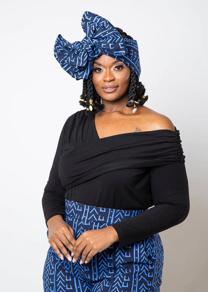 African Print Cotton Head Wrap (Blue Navy Mudcloth) – 70 x 20 Inches