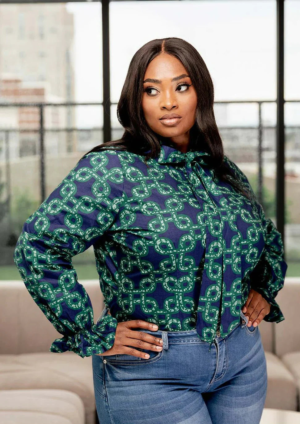 Akinyi Women's African Print Blouse (Green Adinkra)