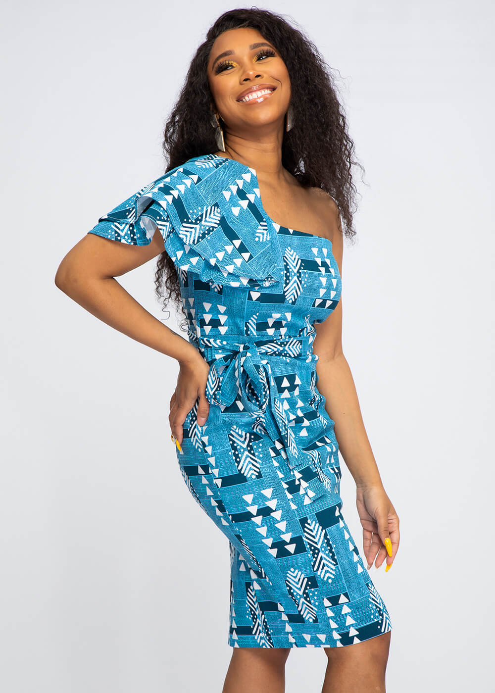 Mojaji Women’s African Print One-Shoulder Fitted Dress (Navy White Mudcloth) – Stylish and Elegant