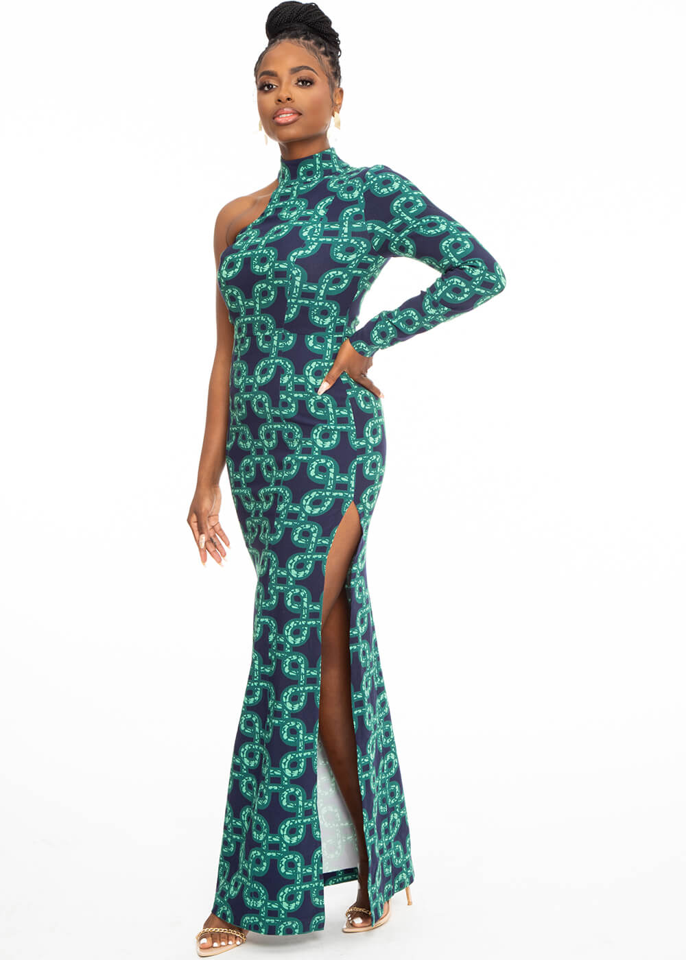 Ayaba Women’s African Print Stretch Gown (Green Adinkra) – Elegant and Comfortable