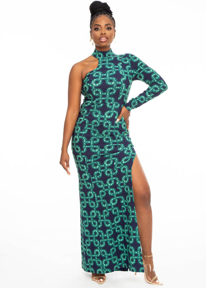 Ayaba Women’s African Print Stretch Gown (Green Adinkra) – Elegant and Comfortable