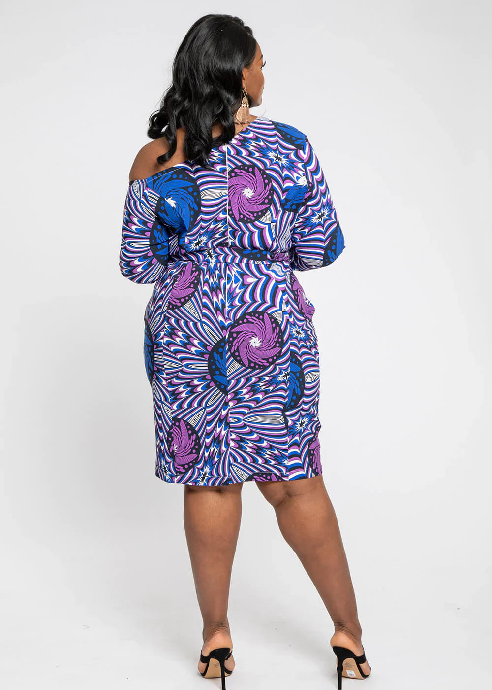 Furaha Women’s African Print Stretch Off-Shoulder Midi Dress (Purple Blue Flowers) – Clearance