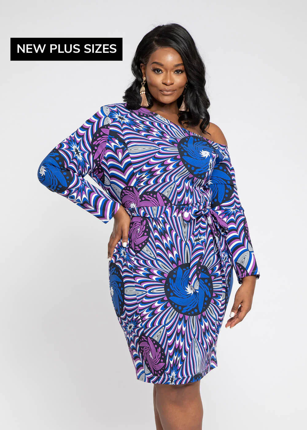 Furaha Women’s African Print Stretch Off-Shoulder Midi Dress (Purple Blue Flowers) – Clearance