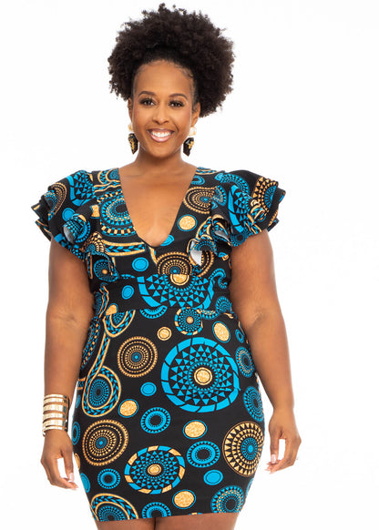 Hanuni Women’s African Print Stretch Ruffle Dress (Blue Mandala) – Elegant and Versatile