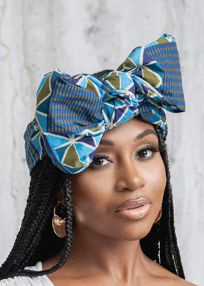 African Print Cotton Head Wrap (Navy Olive Kente) – Clearance – 70 x 20 Inches