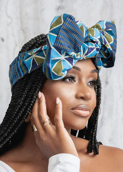 African Print Cotton Head Wrap (Navy Olive Kente) – Clearance – 70 x 20 Inches