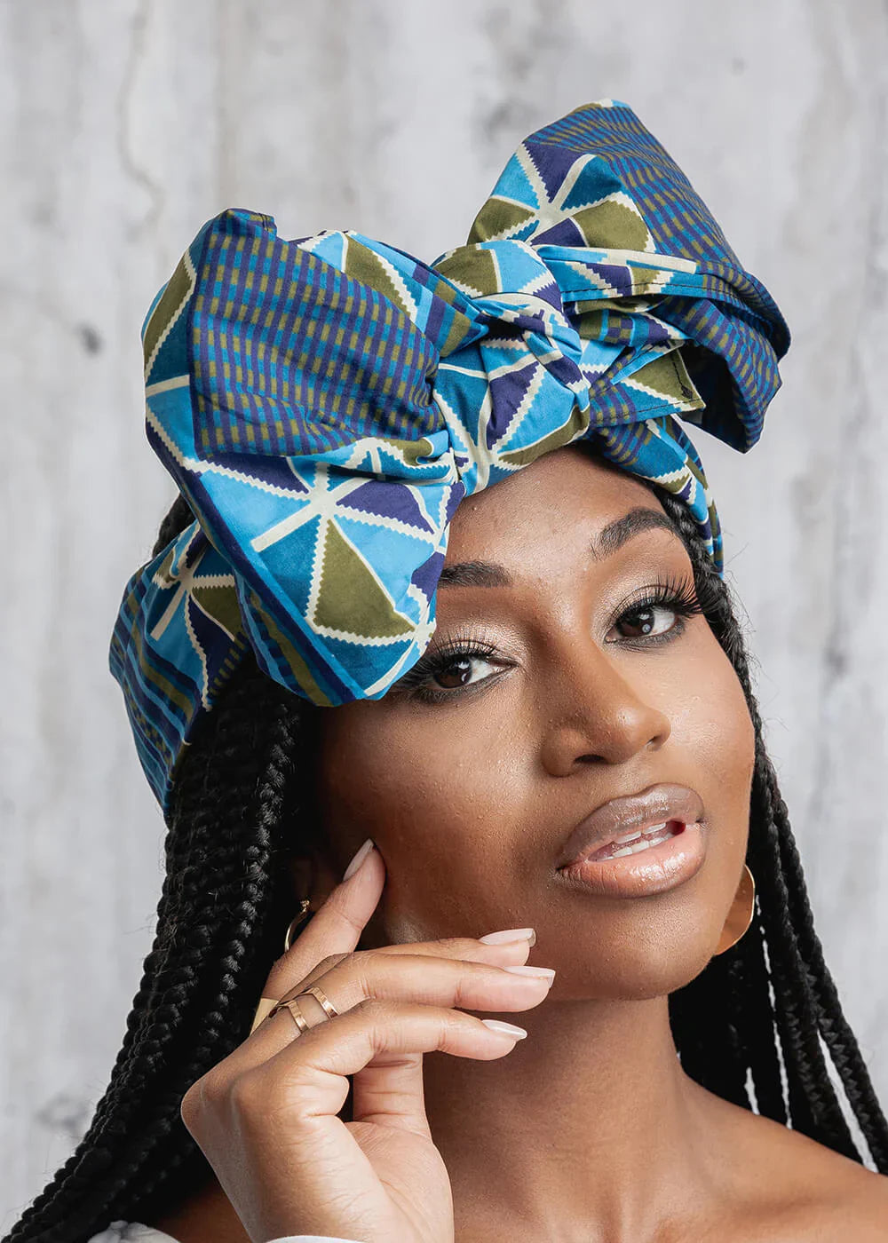 African Print Cotton Head Wrap (Navy Olive Kente) – Clearance – 70 x 20 Inches