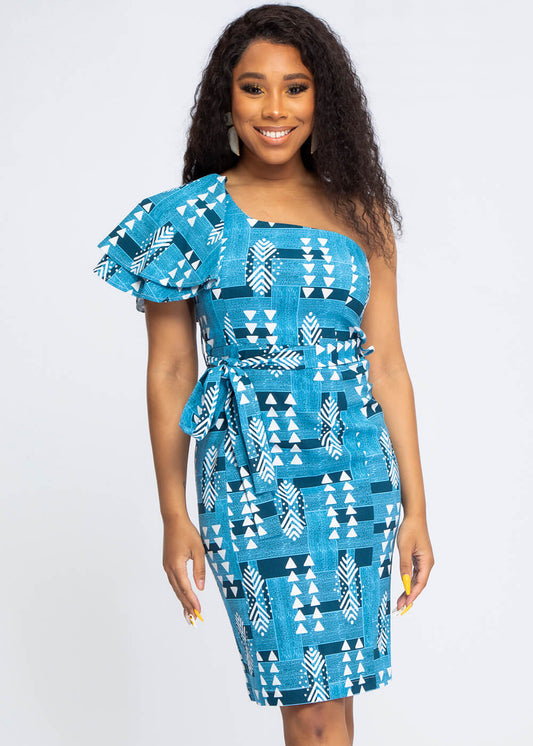 Mojaji Women’s African Print One-Shoulder Fitted Dress (Navy White Mudcloth) – Stylish and Elegant